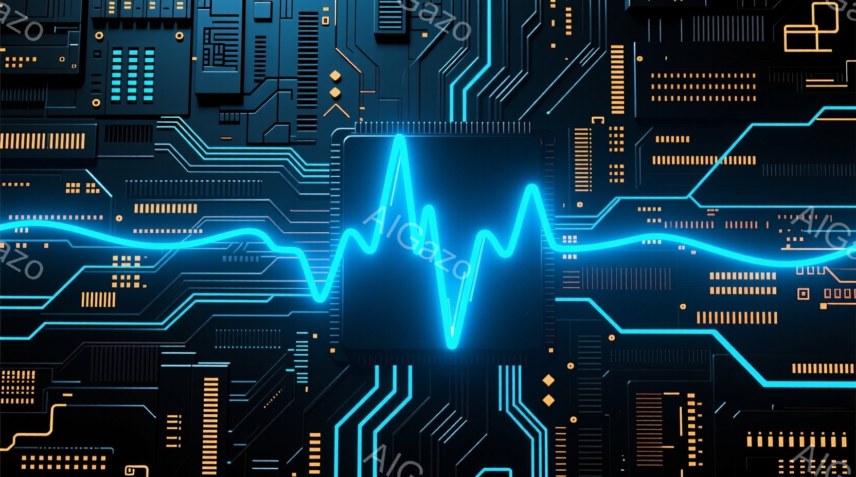鮮やかな青色の回路基板が背景に広がっており、中央には心電図のような波形が発光しています。基板上には、小さな四角形や円形の電子部品が密集しており、未来的なテクノロジーを想起させます。全体的に、冷たく、精密で、デジタルな雰囲気が漂っています。