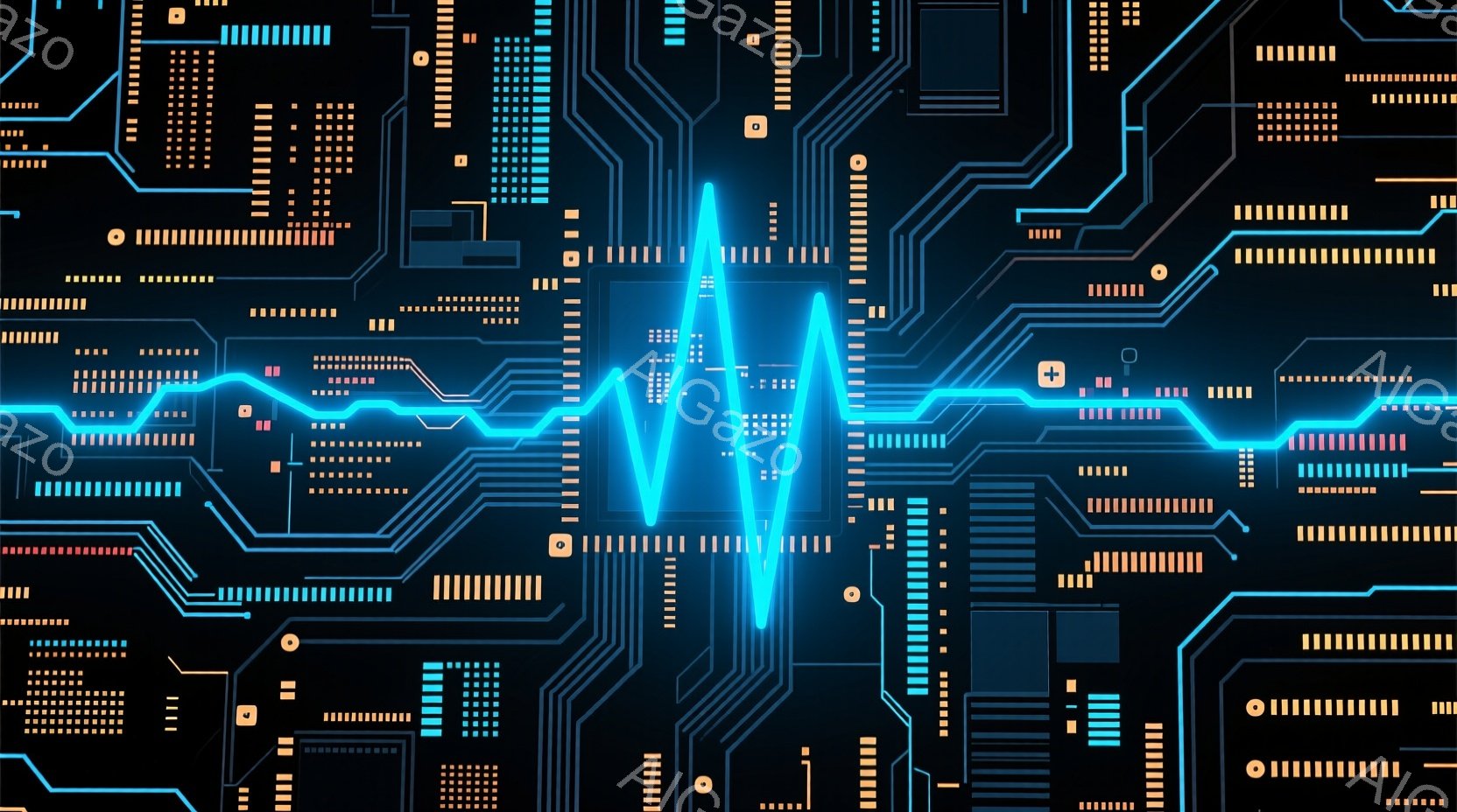 この画像は、鮮やかなターコイズブルーの線が描く心電図のような波形が中央を縦断し、周囲を複雑な回路基板のデザインで構成されています。基板は黒を基調とし、様々な電子部品のパターンが配置され、テクノロジーや未来的な印象を与えます。全体的に、クールで洗練された、デジタルな世界観を表現しています。