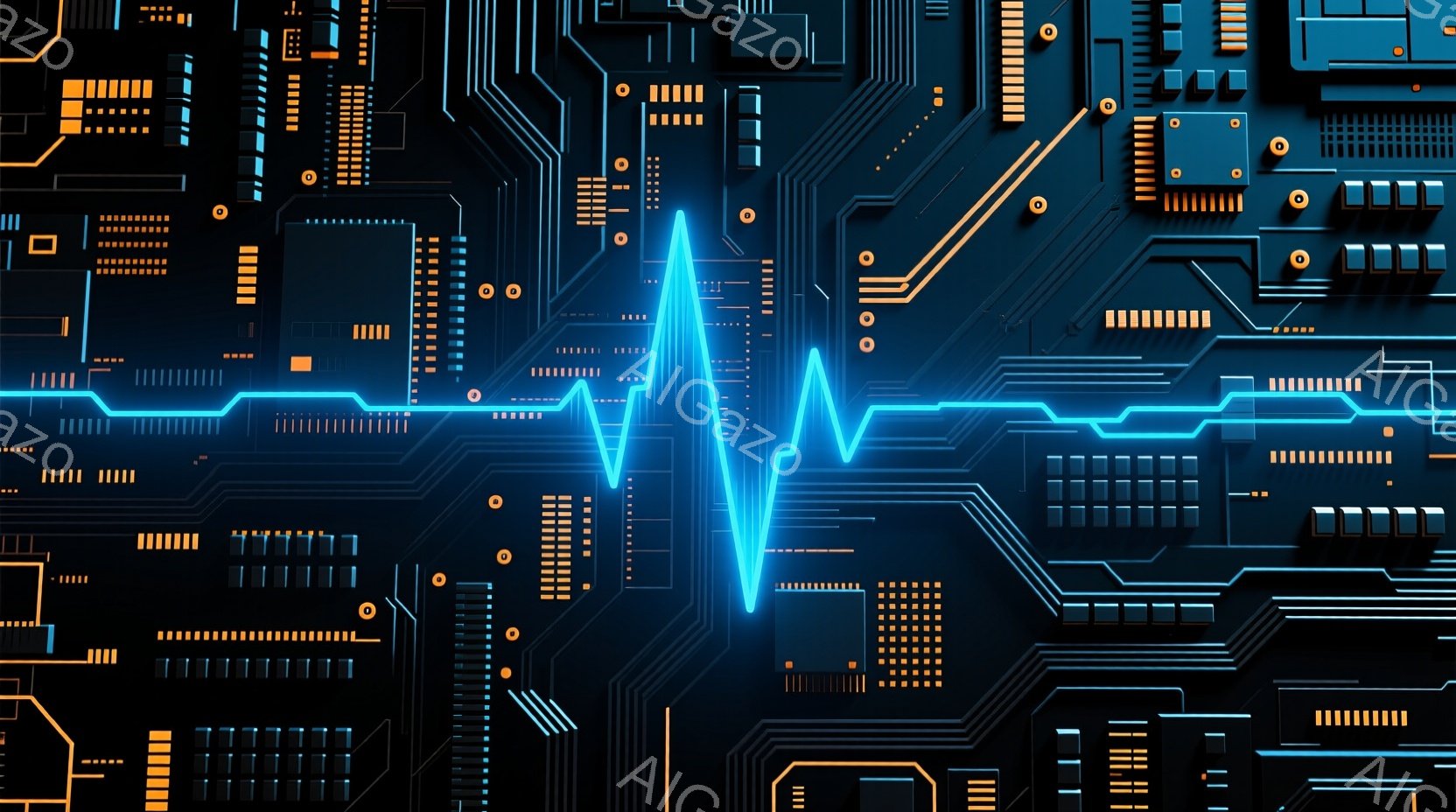 この画像は、複雑な電子回路基板を背景に、鮮やかな青色の心電図波形が中心に表示されています。回路基板には様々な電子部品が配置され、細かく緻密な印象を与えます。全体的に、テクノロジーと生命の融合を感じさせる、近未来的な雰囲気です。