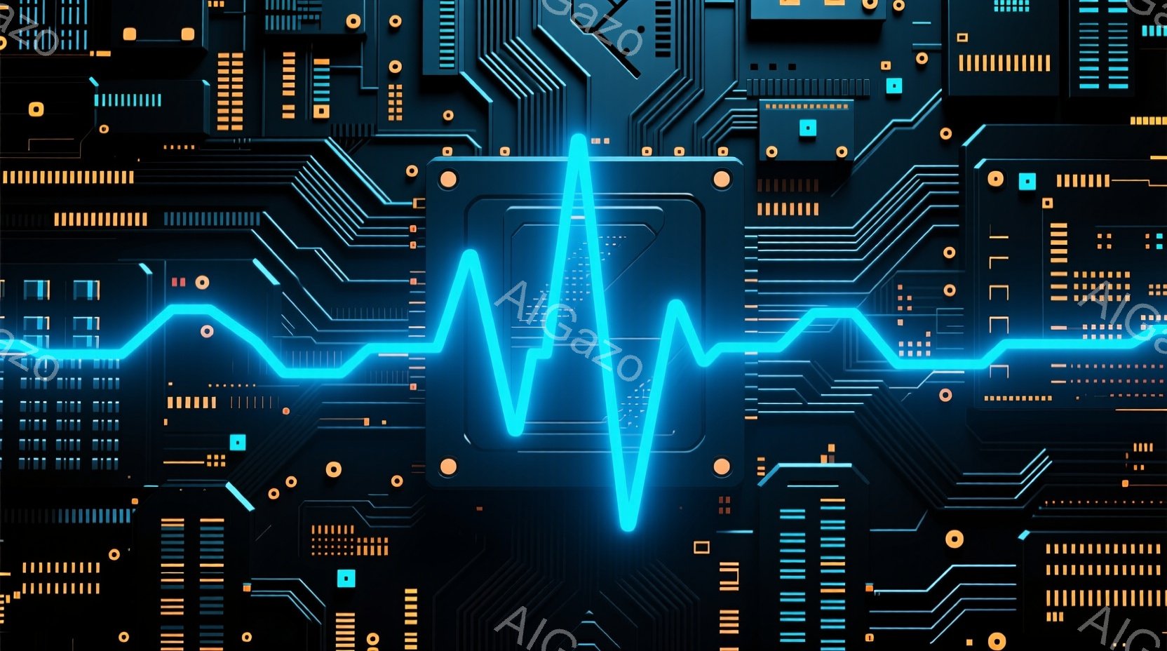 この画像は、暗い背景に青色の発光する回路基板と心電図のような波形が描かれています。回路基板には多数の小さな電子部品や接続線が密集しており、技術的な未来的な印象を与えます。青色の光は、科学技術の進歩や生命の鼓動を連想させ、全体的にクールで洗練された雰囲気です。