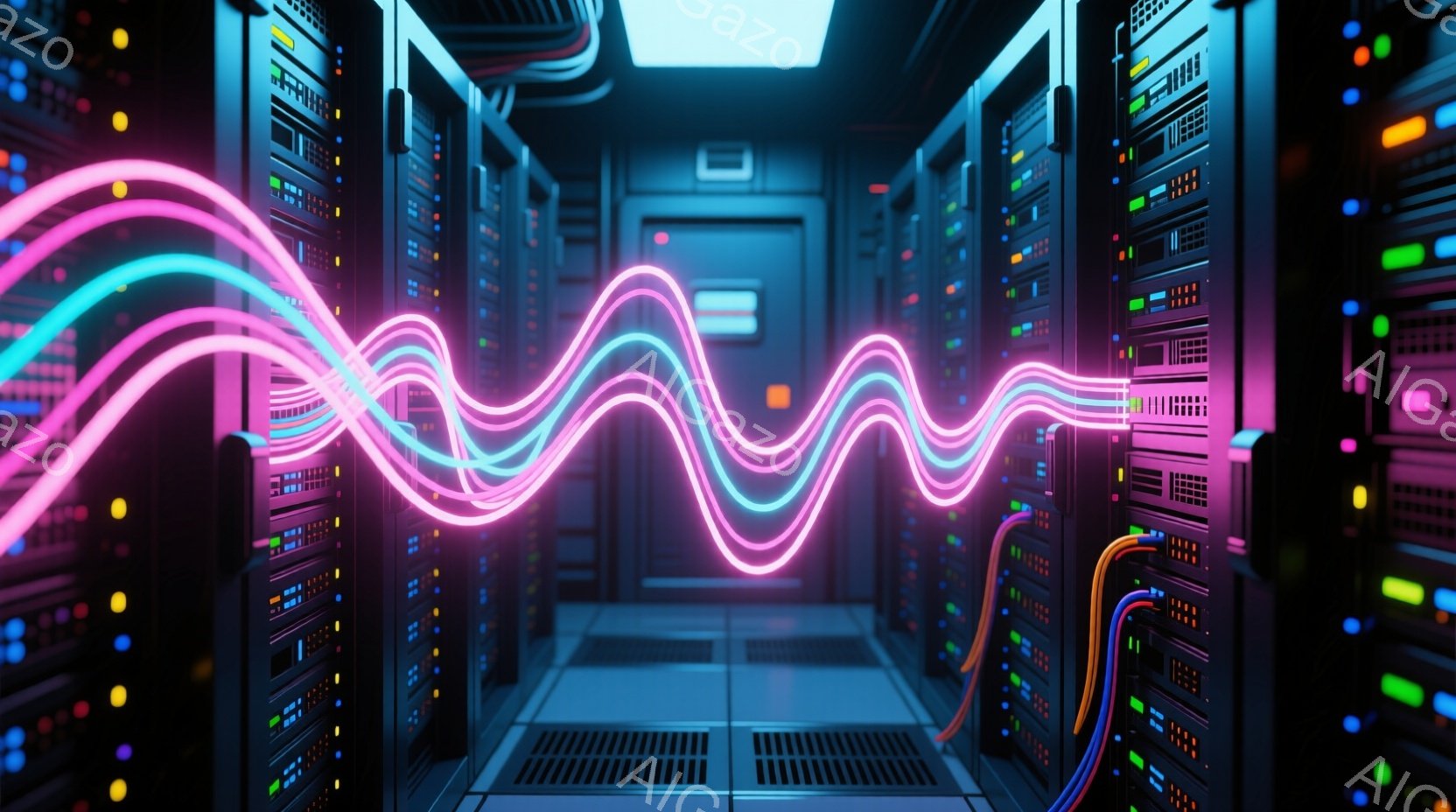 サーバーラックが整然と並んだ部屋が描かれており、鮮やかなネオンピンクとターコイズブルーの光の帯がラックの間を蛇行している。ラック自体は黒を基調とし、多数の点灯したインジケーターライトが、技術的な雰囲気を醸し出している。全体的に、未来的なデータセンターまたはサーバーファームの内部のような、冷たく、高密度な空間が表現されている。
