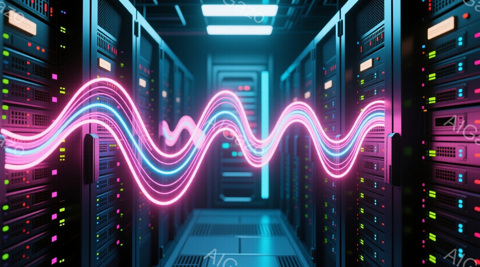 サーバーラックが左右に並んだ廊下の画像です。ピンクと青色の光の帯が廊下の中央を蛇行し、まるでデータストリームのような印象を与えます。ラックには多数の小さなライトが点灯しており、全体的に未来的な雰囲気です。