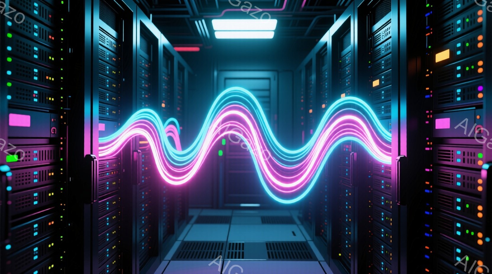 サーバーラックが整然と並ぶデータセンター内部で、鮮やかなピンクと紫色の光の波が中央を駆け抜けている。ラックには様々な色のLEDライトが点灯しており、未来的な雰囲気を醸し出している。床面は光沢があり、光の波が反射して幻想的な空間を作り出している。