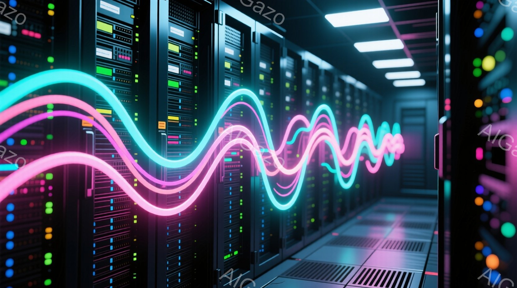 無数のサーバーラックが整然と並び、緑色のランプが点灯しています。ラックの間を、ネオンピンクと水色の光の波が力強く駆け抜けており、未来的でダイナミックな印象を与えます。床にはグレーの換気グリルがあり、全体的にデータセンターのような冷たい、技術的な雰囲気が漂っています。