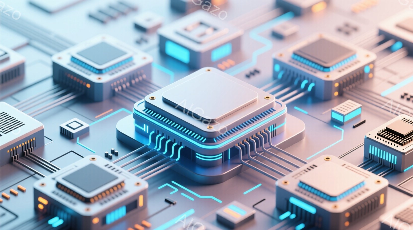 この画像は、複雑な電子回路基板のクローズアップです。青とオレンジの光が回路を縁取り、未来的な雰囲気を醸し出しています。基板上のチップは、精密なディテールと立体的なデザインが特徴で、高度な技術を連想させ - AI生成フリー素材