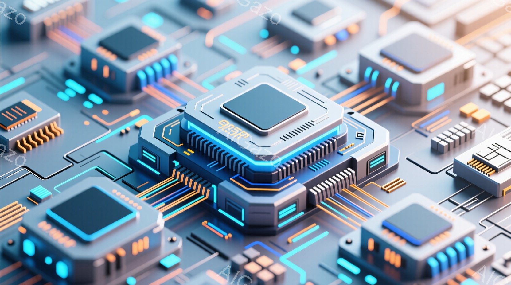 この画像は、未来的な電子回路基板のクローズアップです。鮮やかな青色とオレンジ色の光が、複雑な回路パターンを強調し、高度なテクノロジーを感じさせます。基板上の様々なチップやコンポーネントが、精密な設計と - AI生成フリー素材