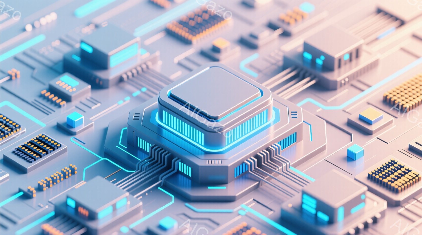 この画像は、未来的な電子回路基板をクローズアップで捉えたものです。中央には、光るラインで装飾された大型のプロセッサが配置され、その周囲には小型のチップや複雑な配線が広がっています。全体的に青と白を基調とした色彩は、クールでハイテクな雰囲気を醸し出しています。