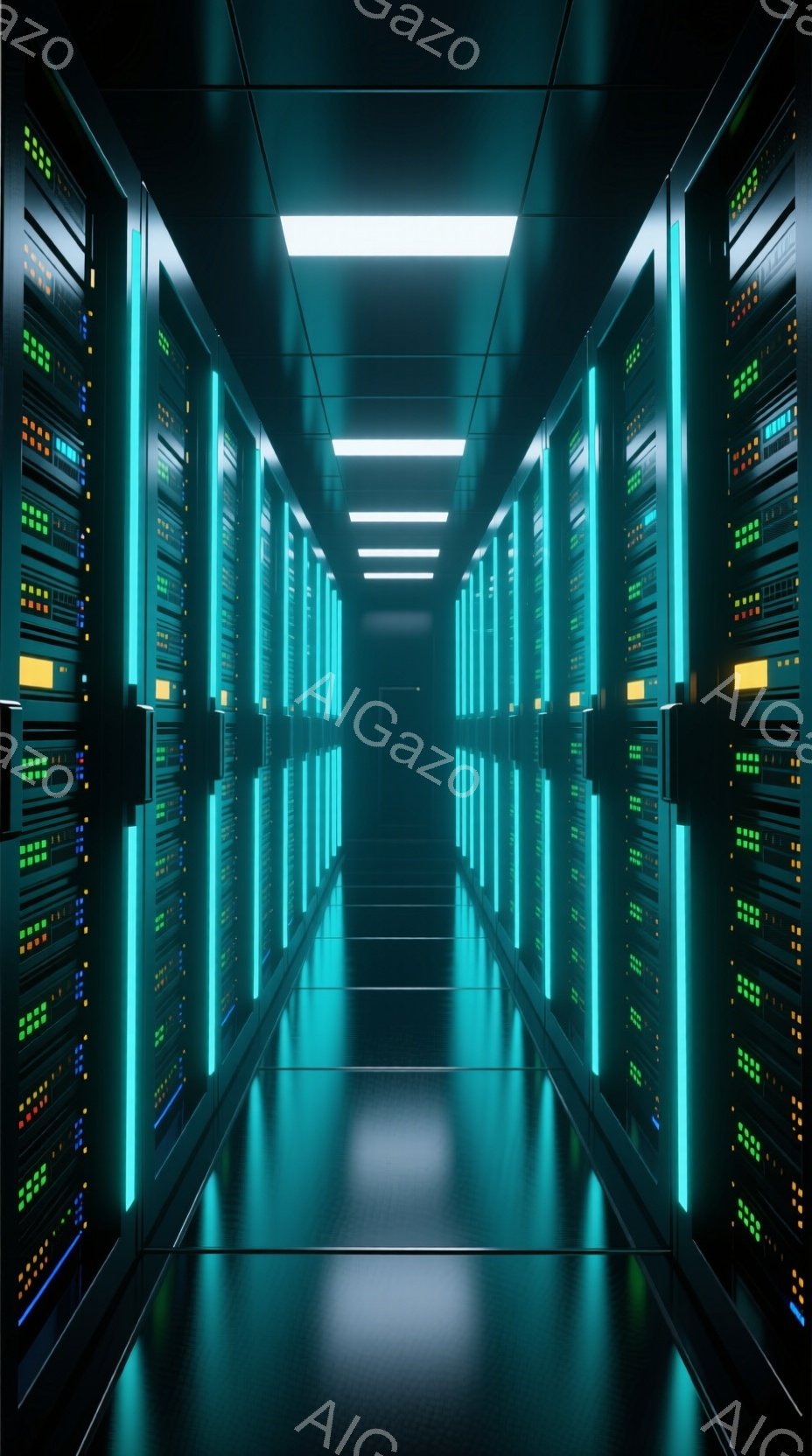 無数のサーバーが整然と並ぶ、暗い廊下のような空間が描かれています。各サーバーには緑、赤、黄色の小さなライトが点滅しており、未来的な印象を与えます。光沢のある床面がライトを反射し、奥行きのある視覚効果を生み出しています。