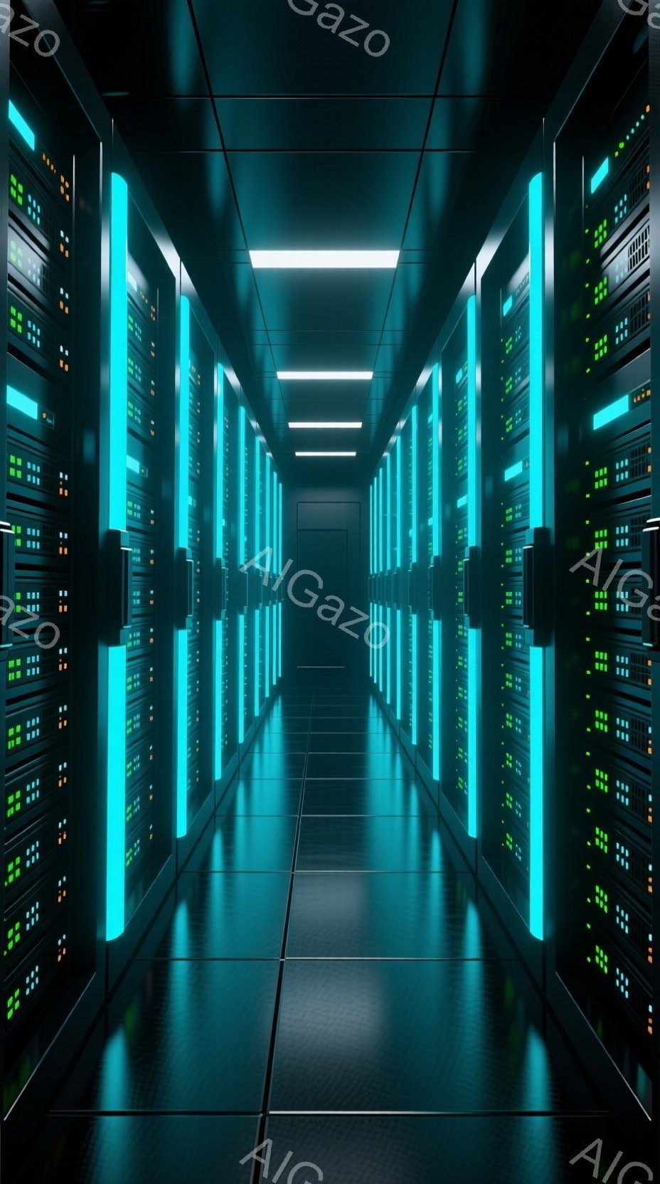 この画像は、青緑色の光が点滅するサーバーラックが両側に並ぶ、廊下のような空間を描写している。床は黒いタイルで覆われ、天井には明るい白い照明が設置されており、未来的な雰囲気を醸し出している。全体的に、技術的な進歩とデータ処理の可能性を感じさせる、クールで静かな空間である。