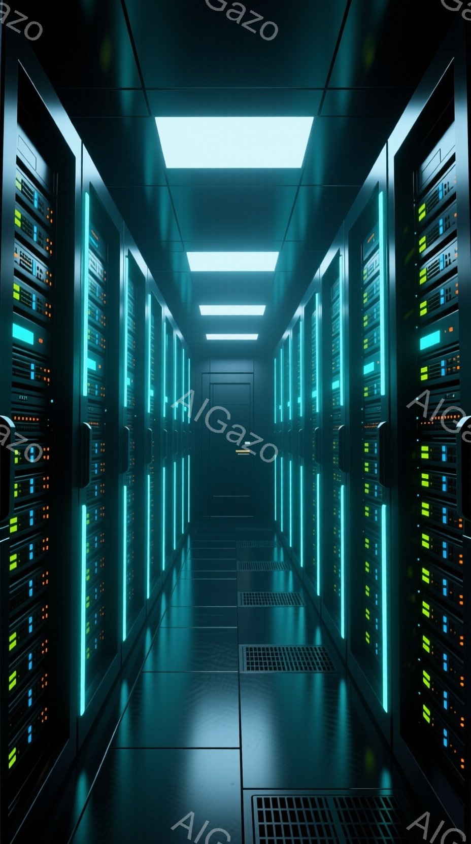 この画像は、青緑色の光が点滅するサーバーラックが並ぶ、長くて狭い部屋の内部を示しています。床はグレーの金属製のグリッドで覆われ、天井には明るい白い蛍光灯が設置されています。全体的に、冷たく、技術的で、未来的な雰囲気です。