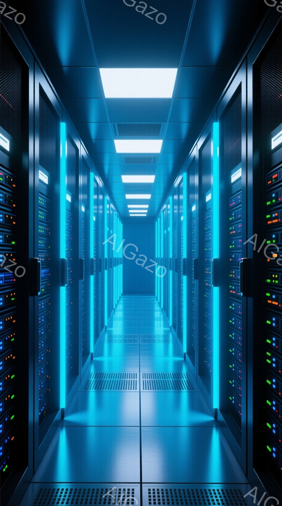 無数のサーバーが整然と並んだデータセンター内部の長い廊下が描かれています。青いLEDライトがサーバーの前面を照らし、廊下全体に未来的な雰囲気を作り出しています。サーバーラックは天井まで高く積み重ねられており、高度な技術とデータ処理能力を象徴しています。