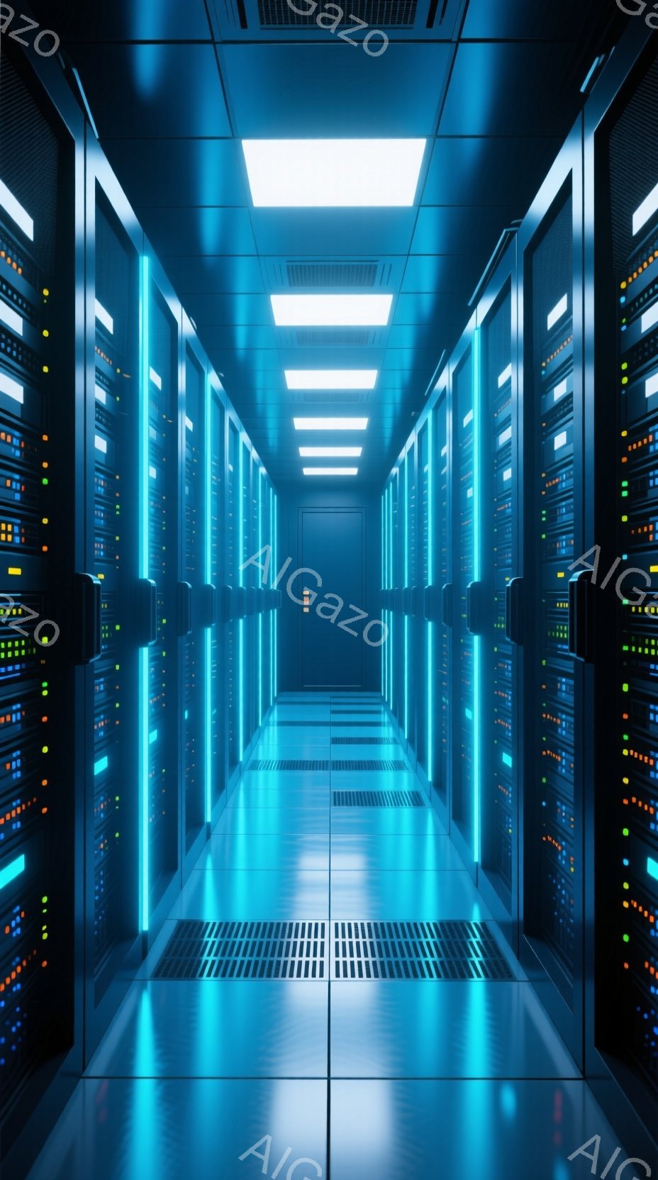 この画像は、青色の光が輝くサーバー室の廊下を捉えています。左右に整然と並んだサーバーラックが、未来的な雰囲気を醸し出しており、床面には配線が通る溝が見えます。天井には明るい蛍光灯が設置され、全体的にク - AI生成フリー素材