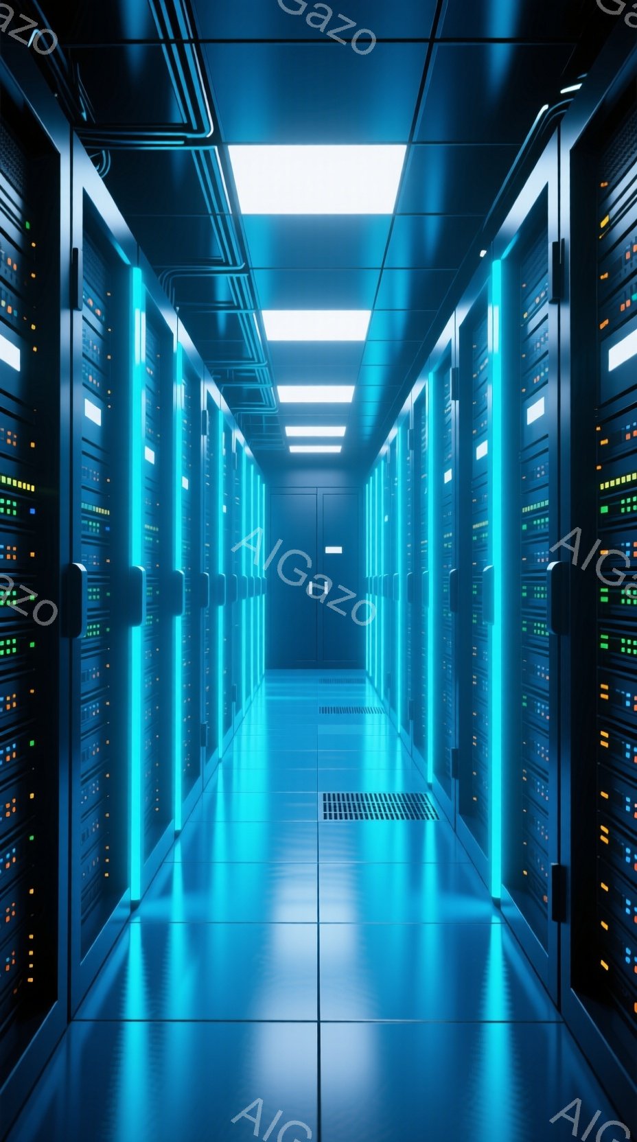 無数のサーバーラックが整然と並んだデータセンター内部の様子が描かれている。青と緑のLEDライトがラック全体を照らし、未来的な雰囲気を醸し出している。床は光沢のあるタイル張りで、天井には規則的に配置された照明が設置されており、冷たい印象を与える空間である。
