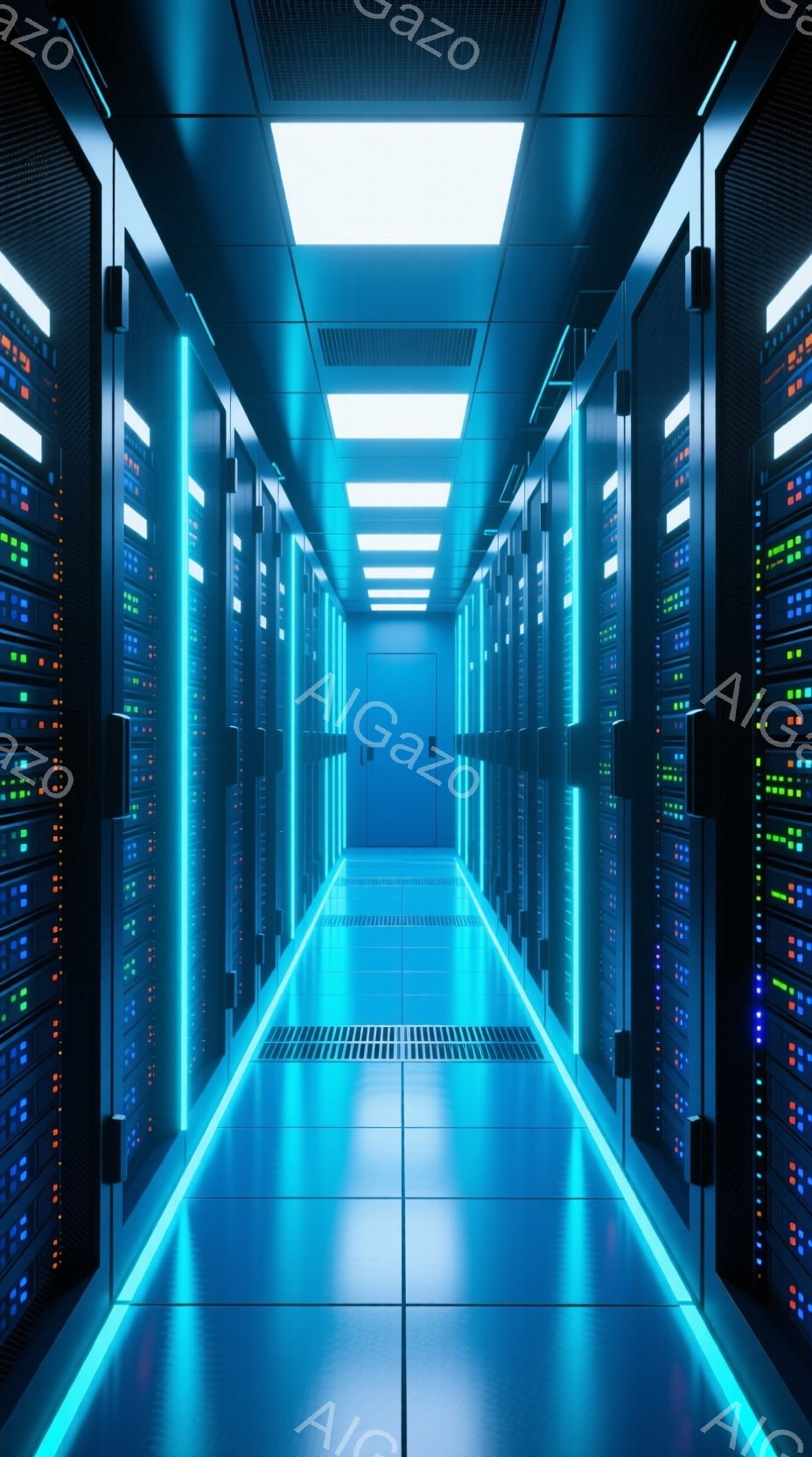 サーバー室の廊下が、青い光で照らされています。左右にはラックが並び、それぞれのサーバーには緑、青、赤などの小さな光が点滅しています。廊下の床と天井は反射しており、無限に続くような印象を与え、未来的な雰囲気を醸し出しています。