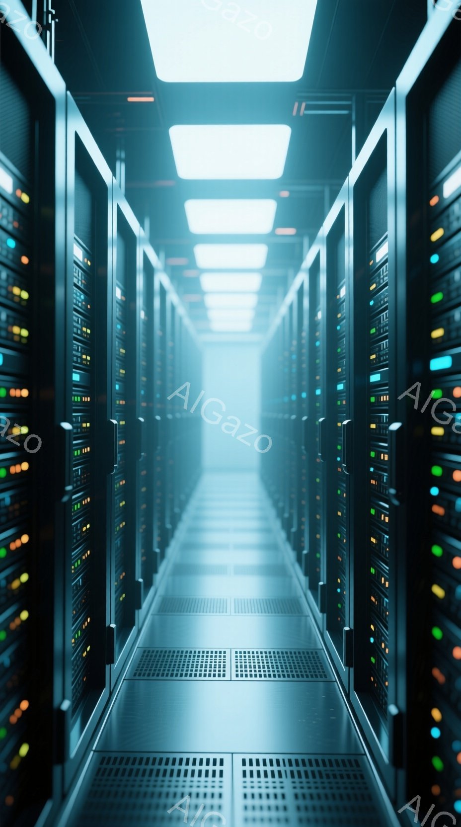サーバーラックが両側に並び、奥へと続く廊下の様子が写っている。各ラックには無数のLEDライトが点灯し、青、緑、赤などの色で表示されている。床は金属製のグレーティングで、天井には明るい照明が設置されており、全体的にクールで技術的な雰囲気を醸し出している。