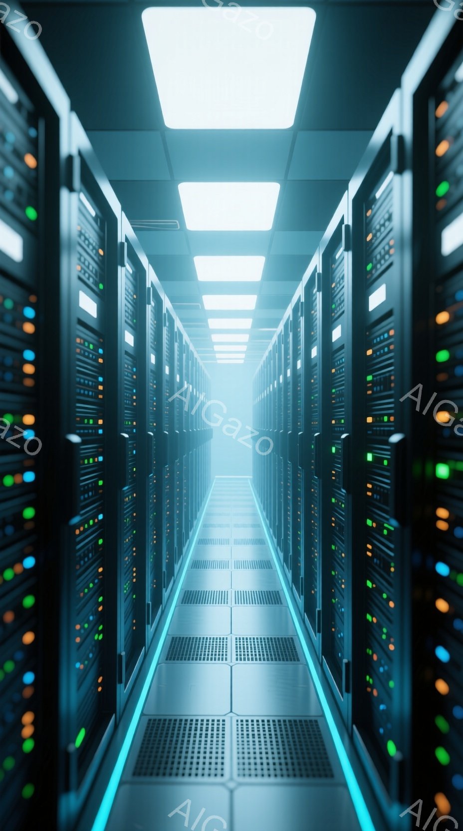 無数のサーバーラックが左右に並び、奥へと続く廊下の様子が捉えられています。青い光がサーバーの前面パネルから発せられ、床のグリッド状のタイルを照らし出しています。全体的にクールで未来的、そして静寂に包ま - AI生成フリー素材