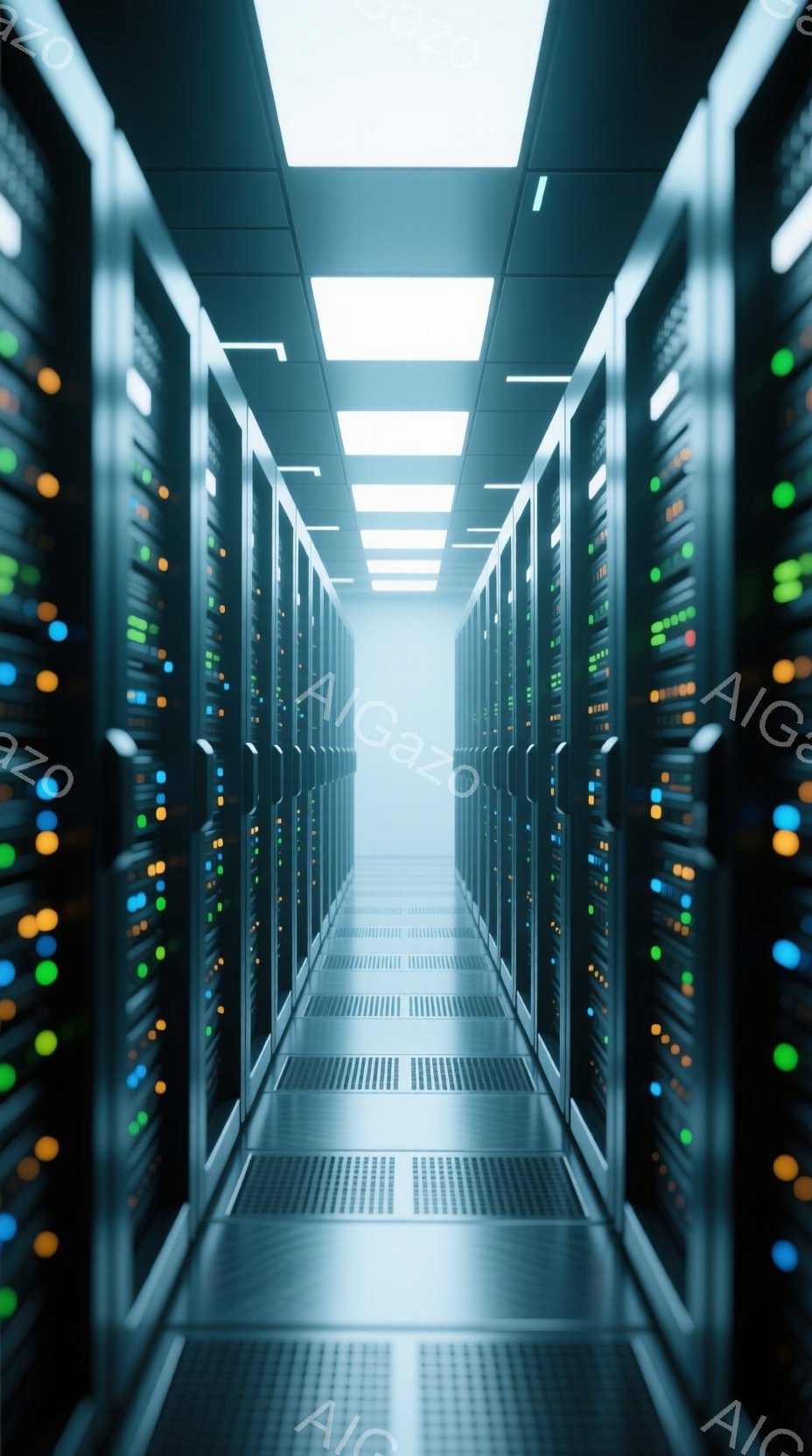 サーバーラックが両側に整然と並び、通路の中央に伸びる光景が捉えられています。ラックには様々な色のLEDライトが点灯しており、まるで無数の目がこちらを見ているかのようです。通路の奥は明るく光り、無限に続 - AI生成フリー素材