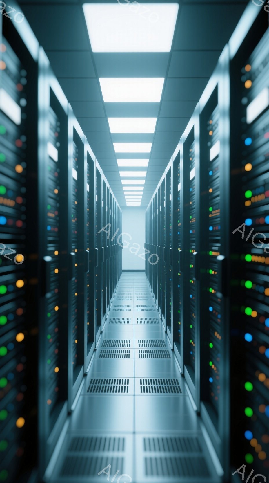 無数のサーバーが整然と並んだ、データセンター内の通路が広がっている。緑、青、赤などの光がサーバーの前面パネルから発せられ、薄暗い通路に未来的な雰囲気を醸し出している。床はタイルの敷き詰められた清潔な状 - AI生成フリー素材