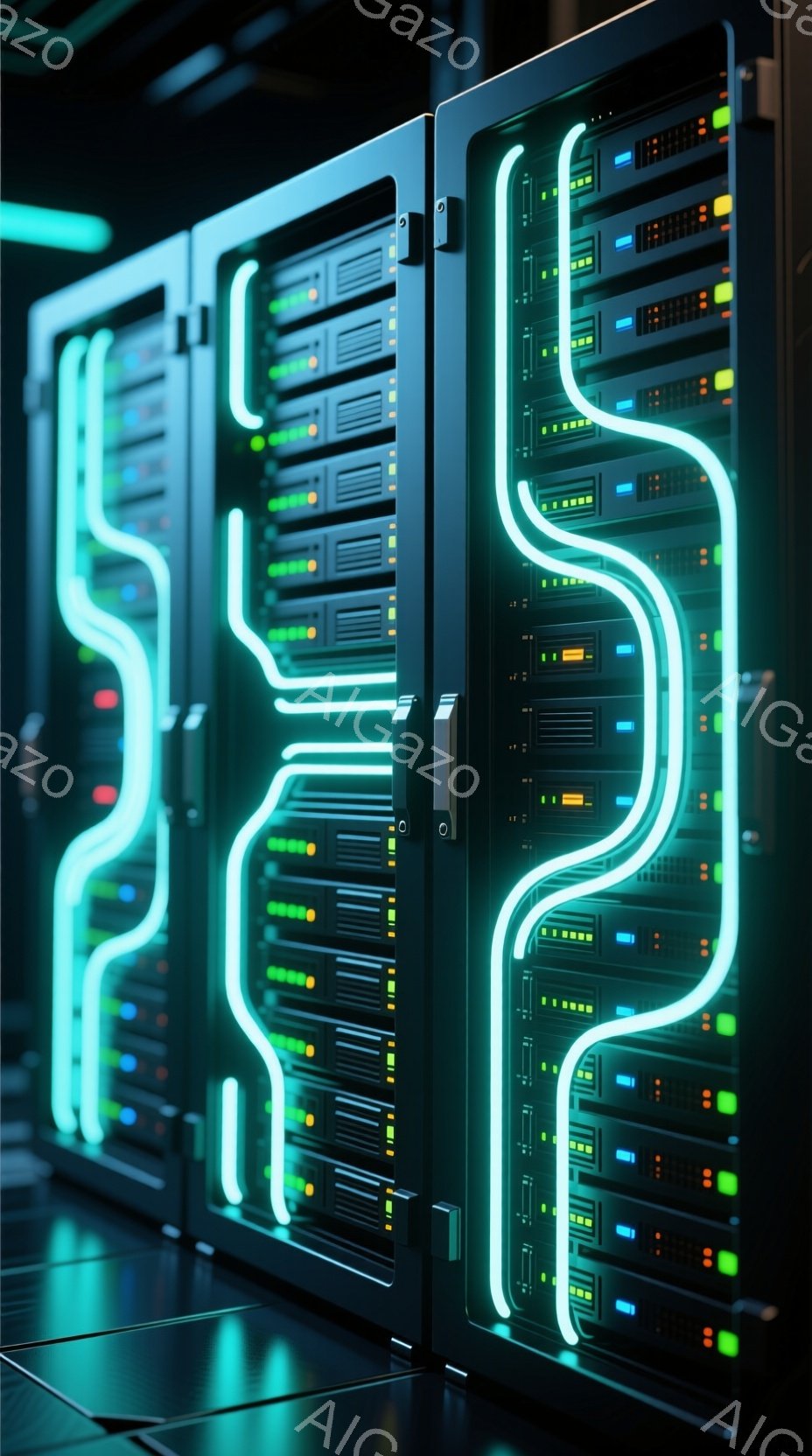 この画像は、データセンターのラックが密集して並んだ様子を捉えています。各ラックは青色のネオンライトで縁取られ、内部には緑、黄、赤色の小さなライトが点灯しており、サーバーの稼働状況を示唆しています。床面は光沢のあるグレーで、全体的に未来的な、そして技術的な雰囲気を醸し出しています。