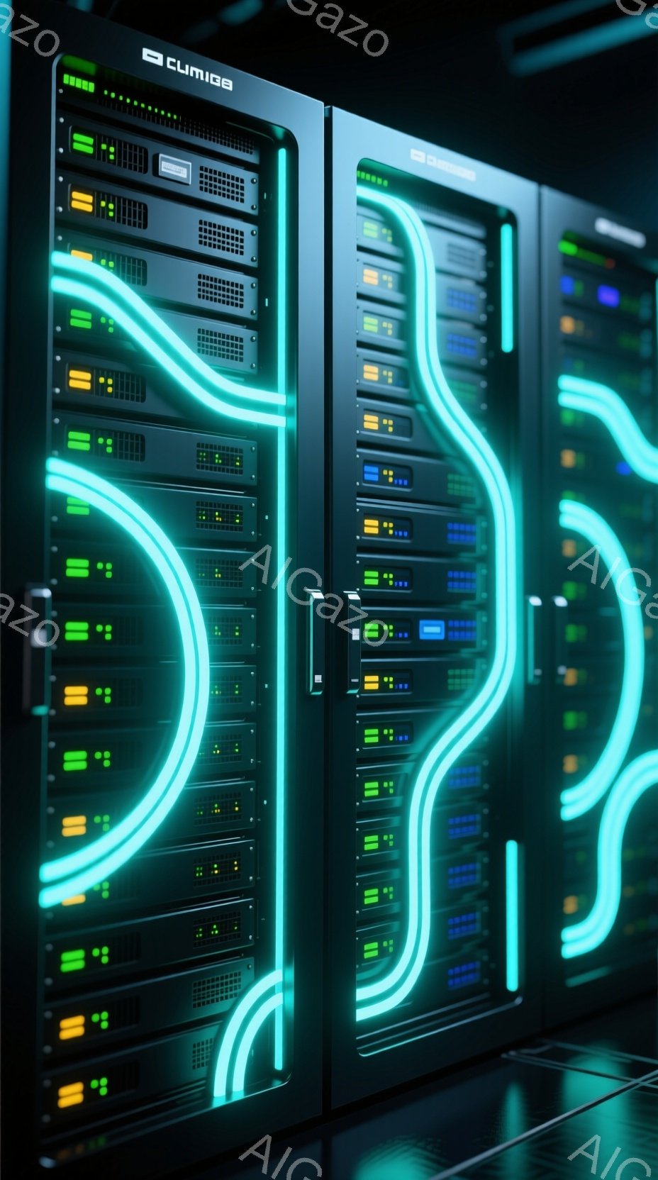 この画像は、青い光のラインが印象的なサーバーラックのクローズアップです。ラックは黒色で、様々な色のLEDライトが点灯しており、まるで未来的な都市の景観のようです。全体的にクールで、技術的な雰囲気を醸し出しています。