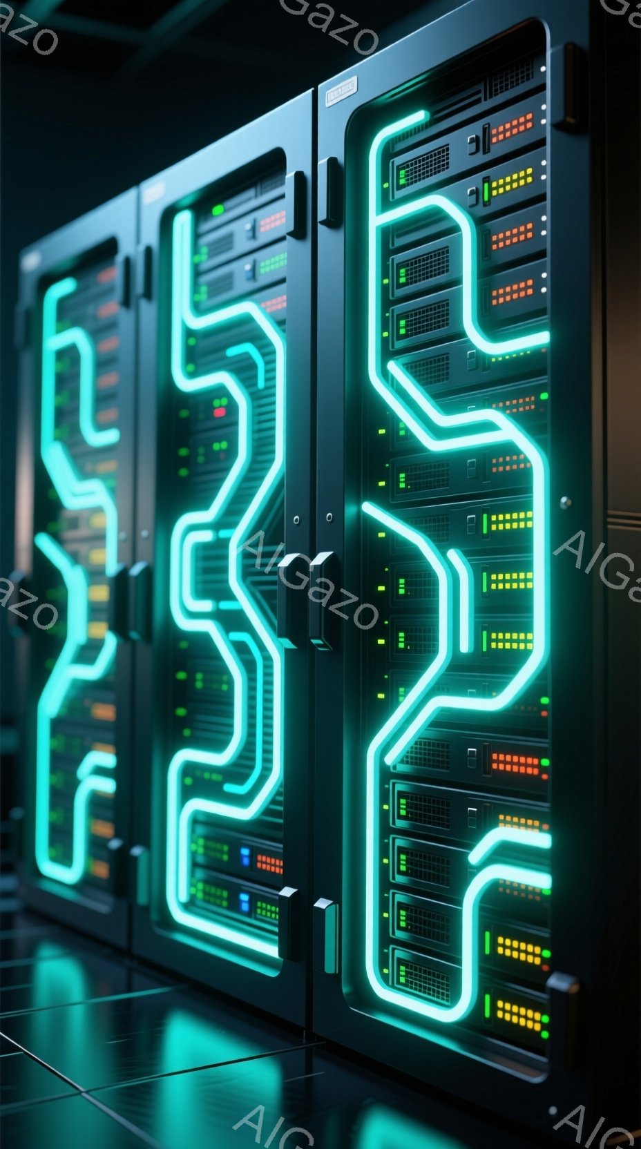 鮮やかな緑色の光が走るサーバーラックが、暗い背景に浮かび上がっている。ラックには多数の小さなLEDライトが並び、稼働状況を示すように点滅している。未来的で技術的な雰囲気が漂い、データセンターやサイバー - AI生成フリー素材
