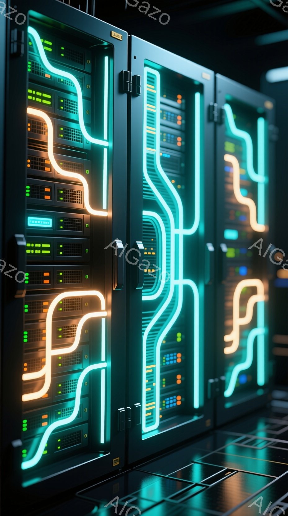 鮮やかな緑色のネオンライトが、黒いサーバーラックの前面を複雑な回路図のように飾っています。サーバー自体は様々な色の小さなライトで点灯しており、技術的な雰囲気を強調しています。全体的に未来的な印象で、デ - AI生成フリー素材