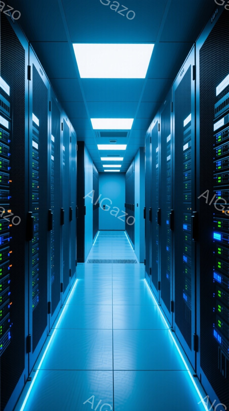 この画像は、青色の照明が照らされたサーバー室の長い廊下を示しています。左右には黒いサーバーラックが整然と並び、各ラックには緑やオレンジ色の小さなランプが点灯しています。床は光沢のあるタイルで、廊下の奥にはぼんやりとした光が見え、未来的な雰囲気を醸し出しています。