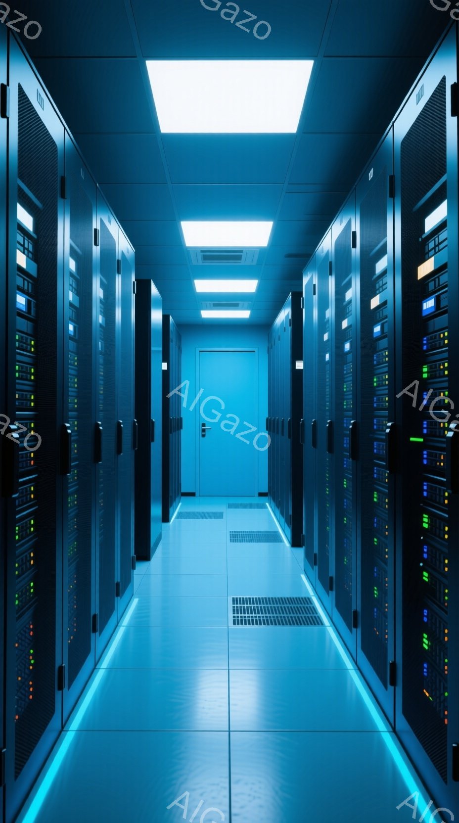 サーバーラックが両側に整然と並んだ、青色の通路が写っている。ラックには多数の点灯したインジケーターライトがあり、技術的な雰囲気を醸し出している。床は光沢があり、通路全体が冷たく、無機質な印象を与える。