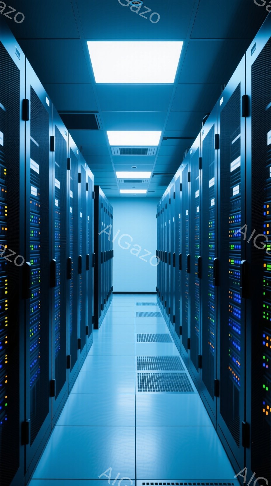 サーバーラックが両側に見える、青く照らされた通路が広がっている。ラックには多くの小さな光が点滅しており、内部の動作を示す。冷たい空気と技術的な雰囲気が感じられ、まるで巨大なコンピューター内部のようである。