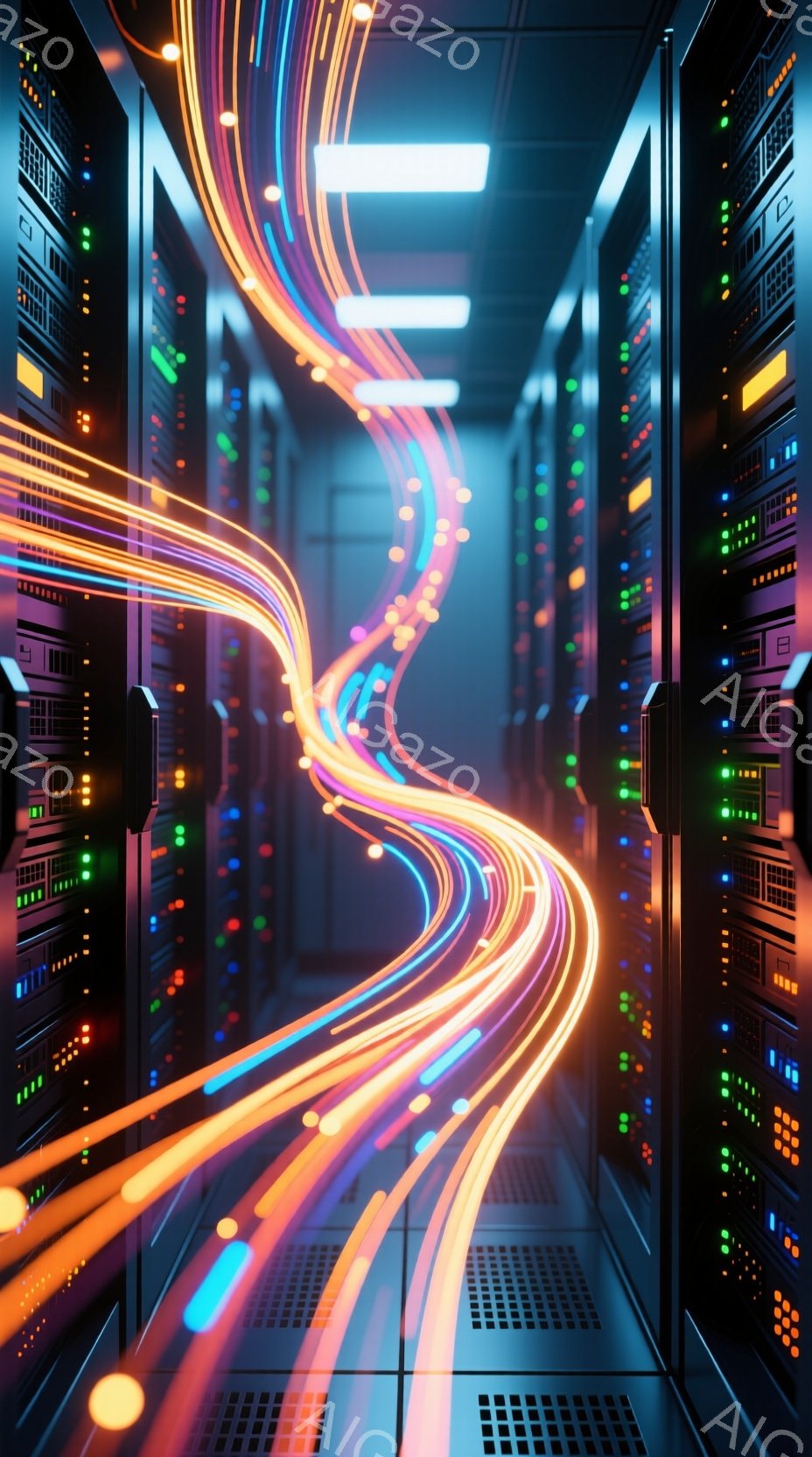 サーバーラックが整然と並ぶ部屋の中央を、鮮やかな光の帯がらせん状に駆け抜けている。光はオレンジ、青、紫など様々な色合いで、まるでデータストリームやエネルギーの流れを視覚化したかのようだ。ラックの表面に - AI生成フリー素材