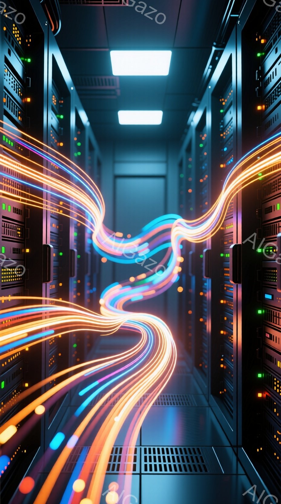 この画像はサーバー室を捉えており、ラック状に並んだサーバーが左右に延びています。鮮やかなオレンジ、青、緑の光の線が、ラックの間を蛇行しながら中央に向かって収束し、未来的な印象を与えます。全体的に、技術的でクールな雰囲気を醸し出しており、データの流れやネットワークの概念を視覚的に表現しているようです。
