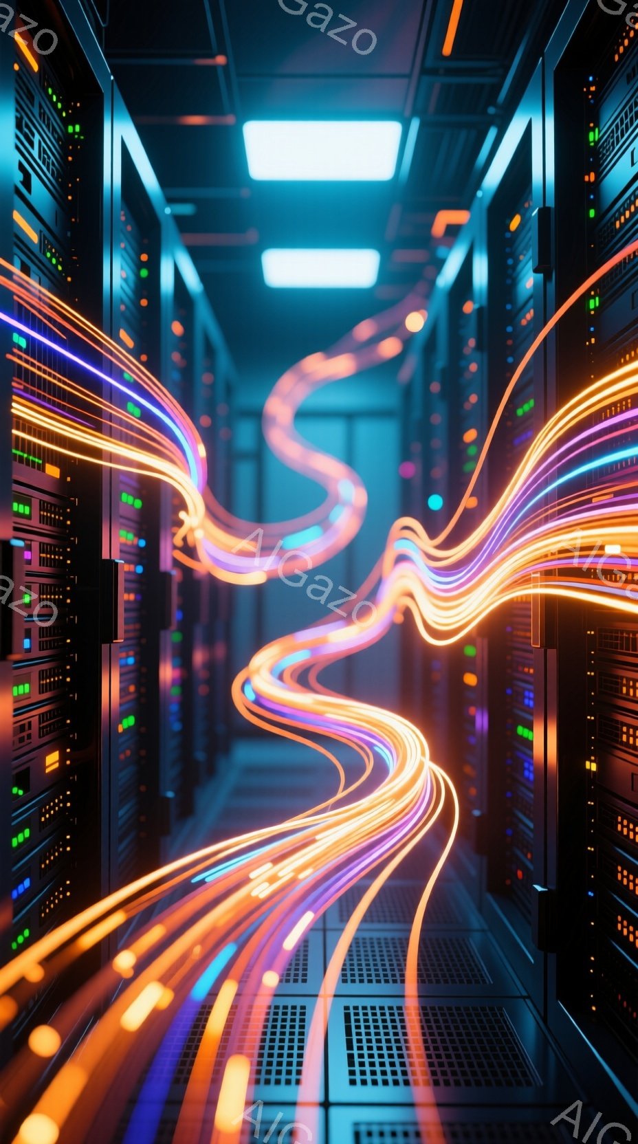 サーバーラックが両側に立ち並び、中央を鮮やかな光の帯が蛇行して伸びている様子が描かれています。ラックには無数の小さなランプが点灯しており、機械的な印象を与えつつも、光の帯が未来的な雰囲気を醸し出してい - AI生成フリー素材