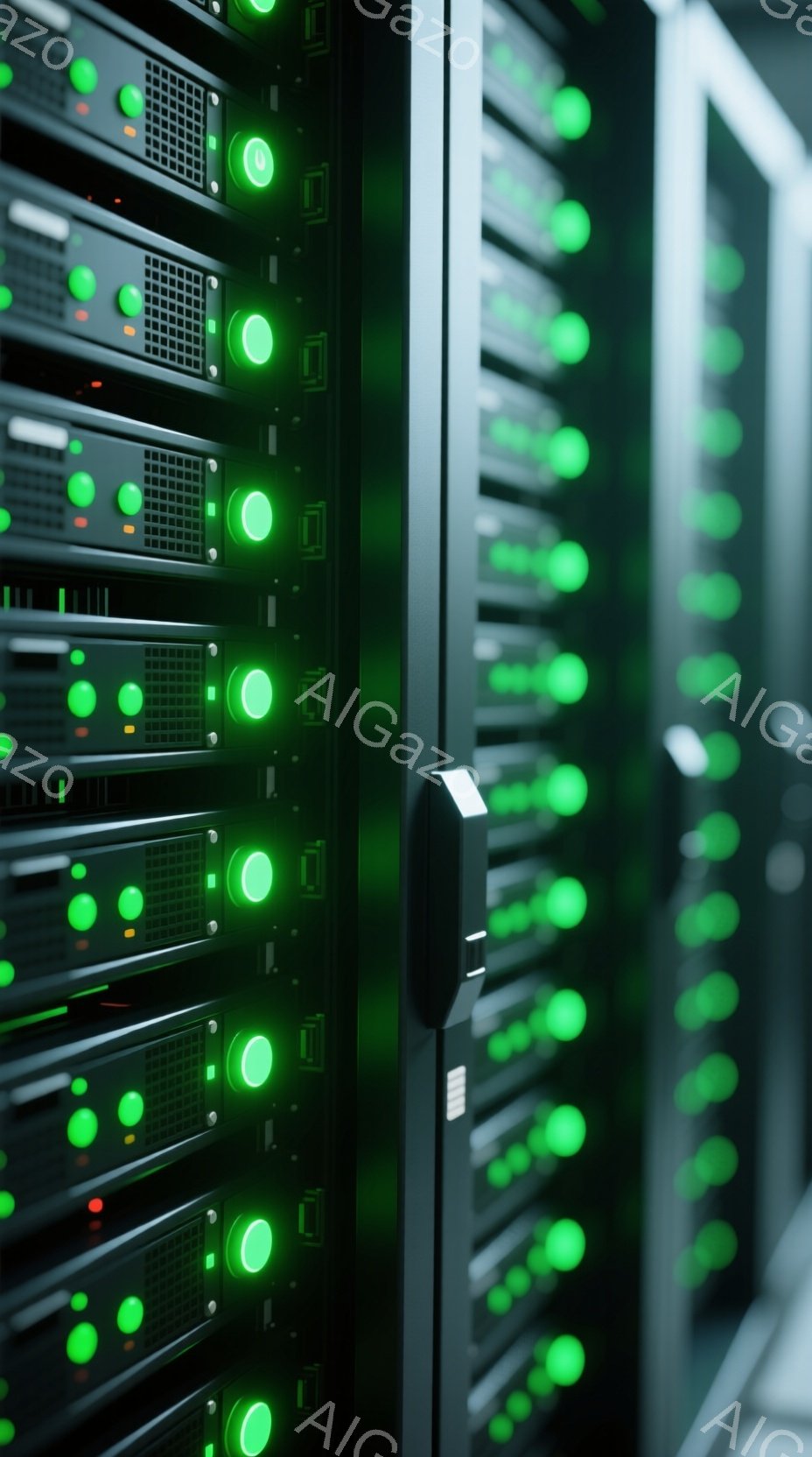サーバーラックが縦に並び、緑色のインジケーターランプが点灯している様子が写っている。機器は黒色で統一されており、まるで未来的な都市景観のようである。暗い背景がインジケーターランプの光を強調し、技術的な雰囲気を醸し出している。