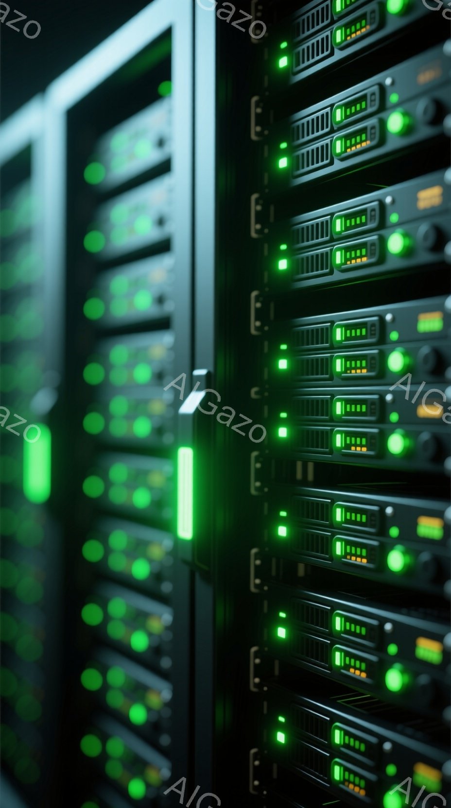 多数のサーバーラックが並んでおり、緑色のインジケーターランプが点灯している様子が映し出されている。ラックは黒色で、未来的な印象を与えるとともに、データの処理と保管の様子を連想させる。全体的に暗い背景が、緑色の光を際立たせ、技術的な雰囲気と効率的な処理能力を強調している。