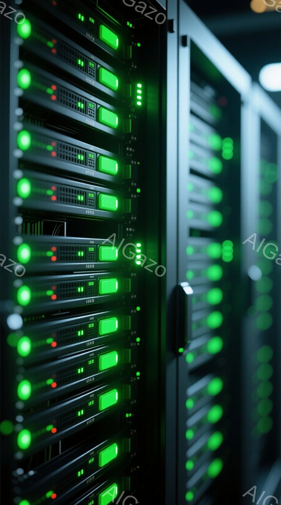 サーバーラックが画面全体を埋め尽くしており、多数の緑色のLEDライトが点灯し、稼働状況を示している。ラックは黒色で、整然と縦に並べられており、技術的な環境やデータセンター内部を連想させる。全体的に、高度な技術と安定稼働を強調する、クールで未来的な雰囲気である。