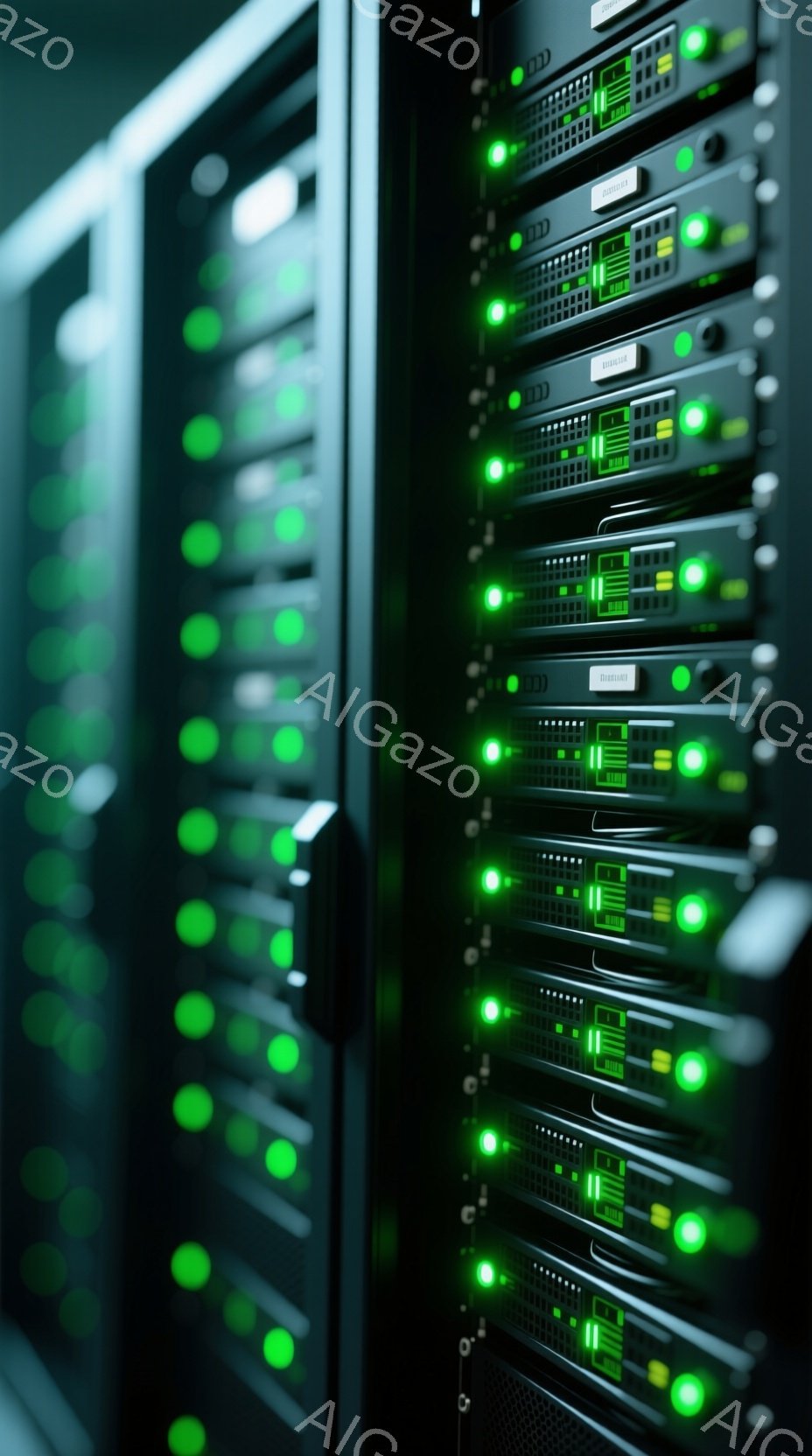 複数のサーバーラックが積み重なっており、各ラックには緑色のLEDライトが点灯しています。密集したサーバーの列は、データセンターやネットワークインフラストラクチャを示唆しており、全体的に技術的で冷たい印象を与えます。暗い背景が緑色の光を強調し、システムの稼働状況を視覚的に伝えています。