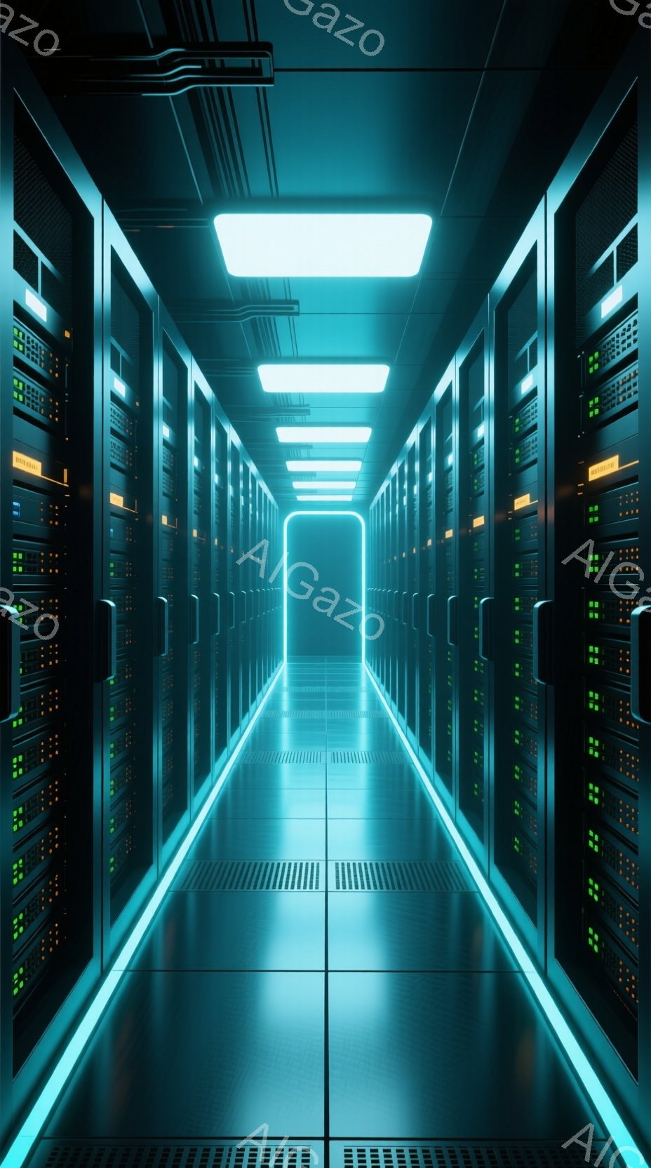この画像は、青い光が照らすサーバー室の廊下を描いています。両側には黒いサーバーラックが整然と並び、各ラックには緑とオレンジの小さなライトが点滅しています。廊下の床は反射しており、未来的な雰囲気を醸し出しています。