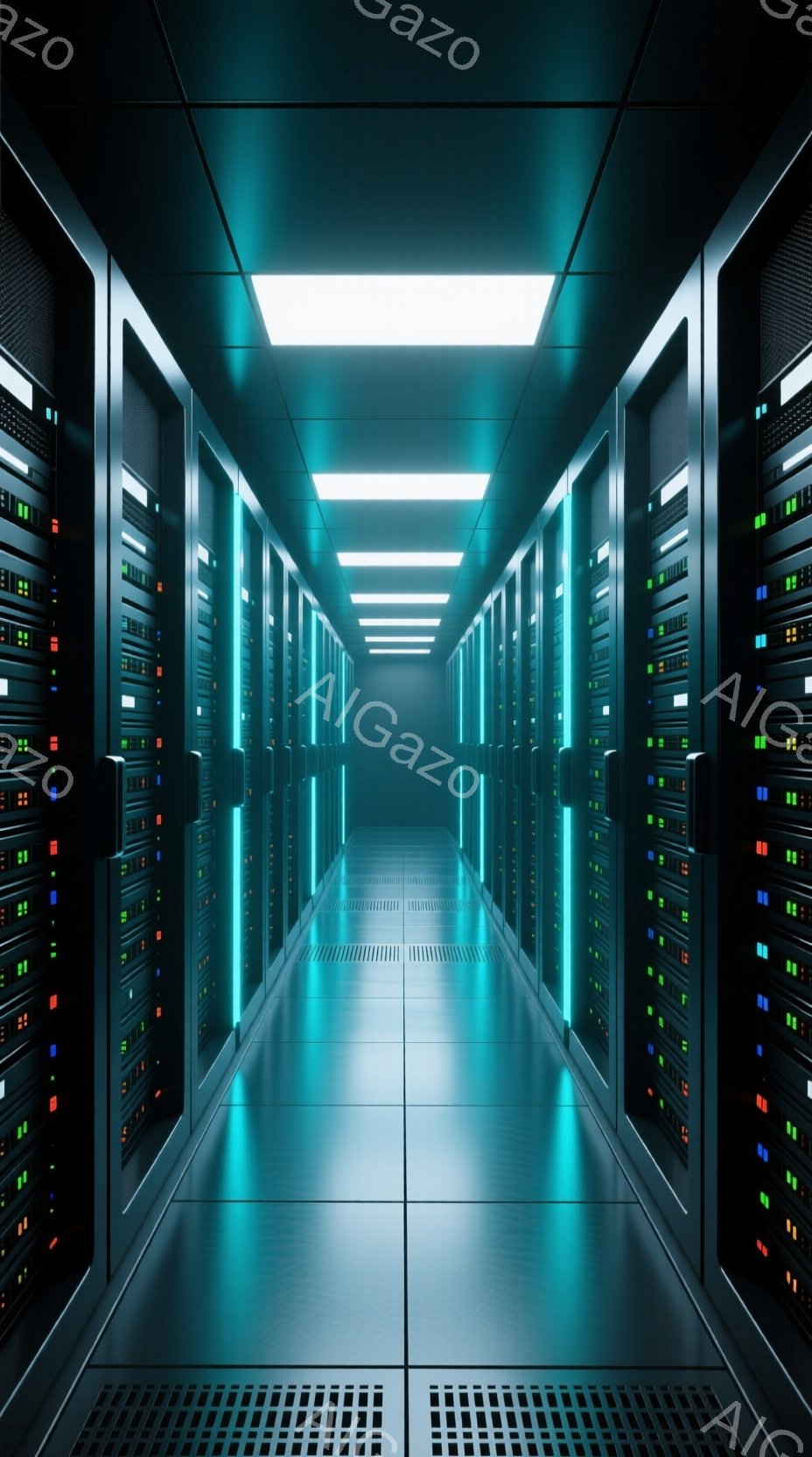 この画像は、整然と並んだサーバーラックが続く、データセンターの通路を捉えています。青緑色の光が各ラックから発せられ、通路全体を照らし、金属製の床と天井がその光を反射しています。通路は長く、遠くへと続いており、技術的で未来的な雰囲気が漂っています。