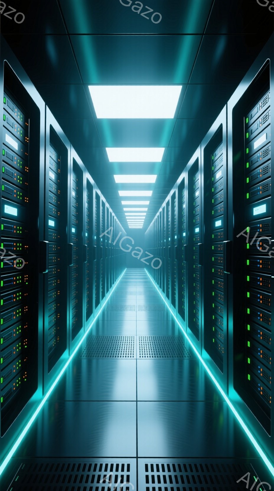 無数のサーバーラックが両側に並び、青い光で照らされた長い廊下のように見える。ラックには様々な色の小さなライトが点滅しており、内部で何らかの処理が行われていることを示唆している。全体的に、クリーンで未来的な印象を与えるデータセンター内部の様子だ。