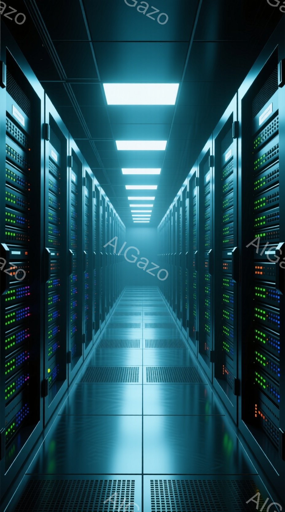無数のサーバーラックが両側に並び、青い光で照らされたデータセンター内部の長い通路が描かれている。床はグレーのタイルで覆われ、通路は無限に続いているように見える。全体的に、技術的で未来的な雰囲気があり、涼しく静かな印象を受ける。