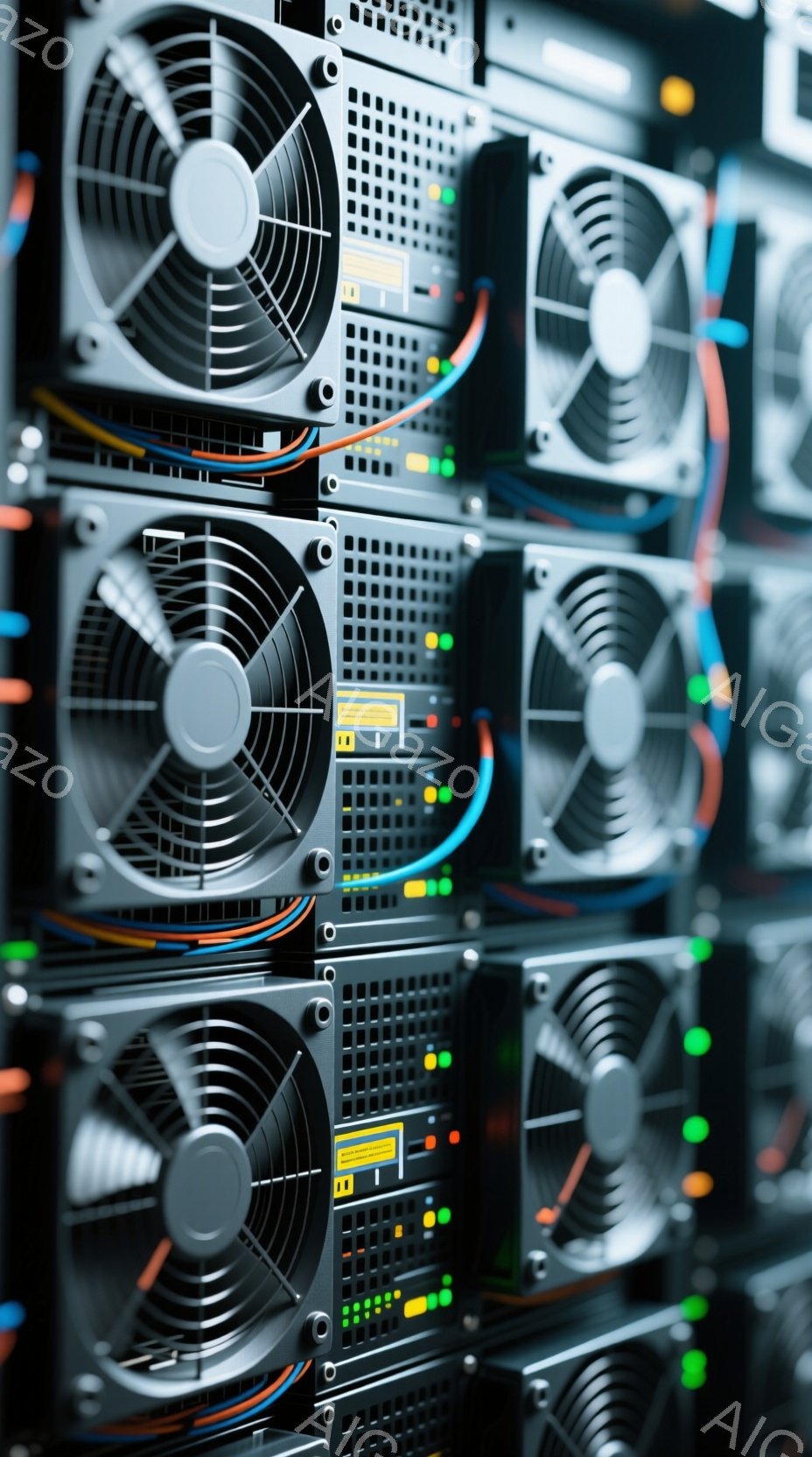 画像は、サーバーラックの背面をアップで捉えたもので、複数の機器が密集して配置されています。黒色の筐体には冷却ファンが搭載され、様々な色のケーブルが接続されています。全体的に、技術的な雰囲気で、データセンターやサーバー室といった場所を連想させます。