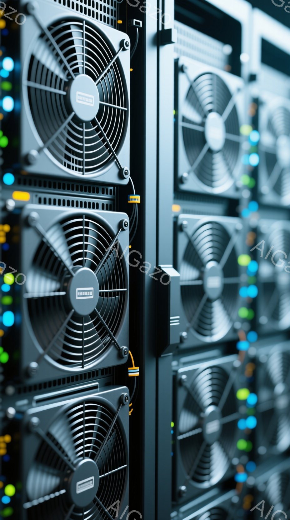 画像はサーバーラックの密集した側面を捉えており、黒い筐体に冷却ファンが規則的に並んでいるのが見える。配線が筐体の間を走り、青と黄色の光が点在しているのが特徴的で、データセンターやサーバー室の内部を連想させる。全体的に、技術的で無機質な雰囲気が漂っている。