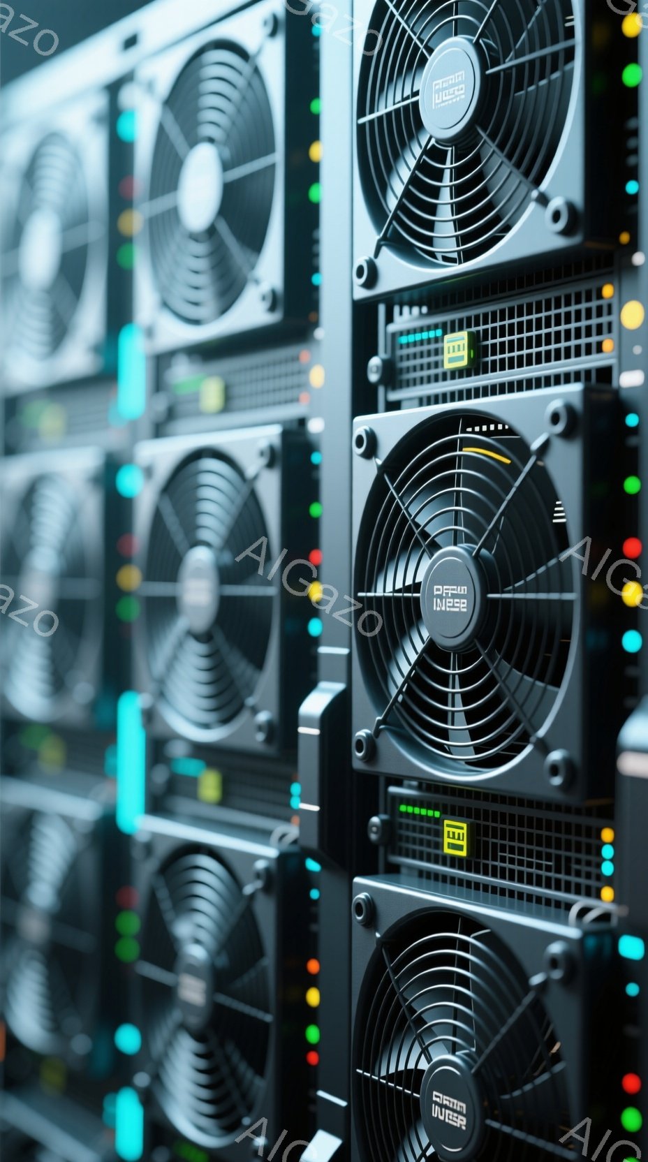 複数の黒いサーバーラックが密集して配置されており、それぞれのユニットには冷却ファンと各種ポートが備わっています。ラックの側面に沿って緑と黄色のLEDライトが点灯しており、稼働状況を示唆しています。全体的に、データセンターやサーバーファームといった、高度なテクノロジーを必要とする環境を連想させる静かでクールな印象です。