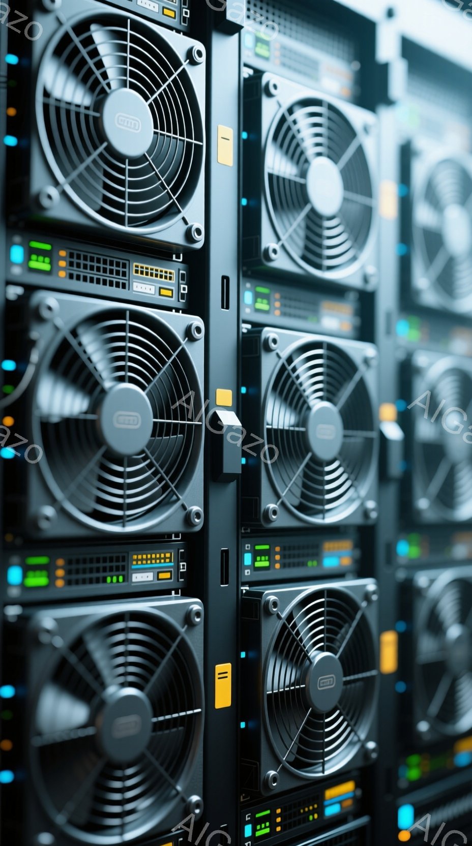 画像はサーバーラックの密集した背面図で、多くの黒いサーバーユニットが縦に並んでいます。各ユニットには冷却ファンが搭載されており、前面には複数のステータスインジケーターライトが点灯しています。全体的に、データセンターやサーバー室といった、技術的な環境を想起させる、機械的で無機質な雰囲気です。