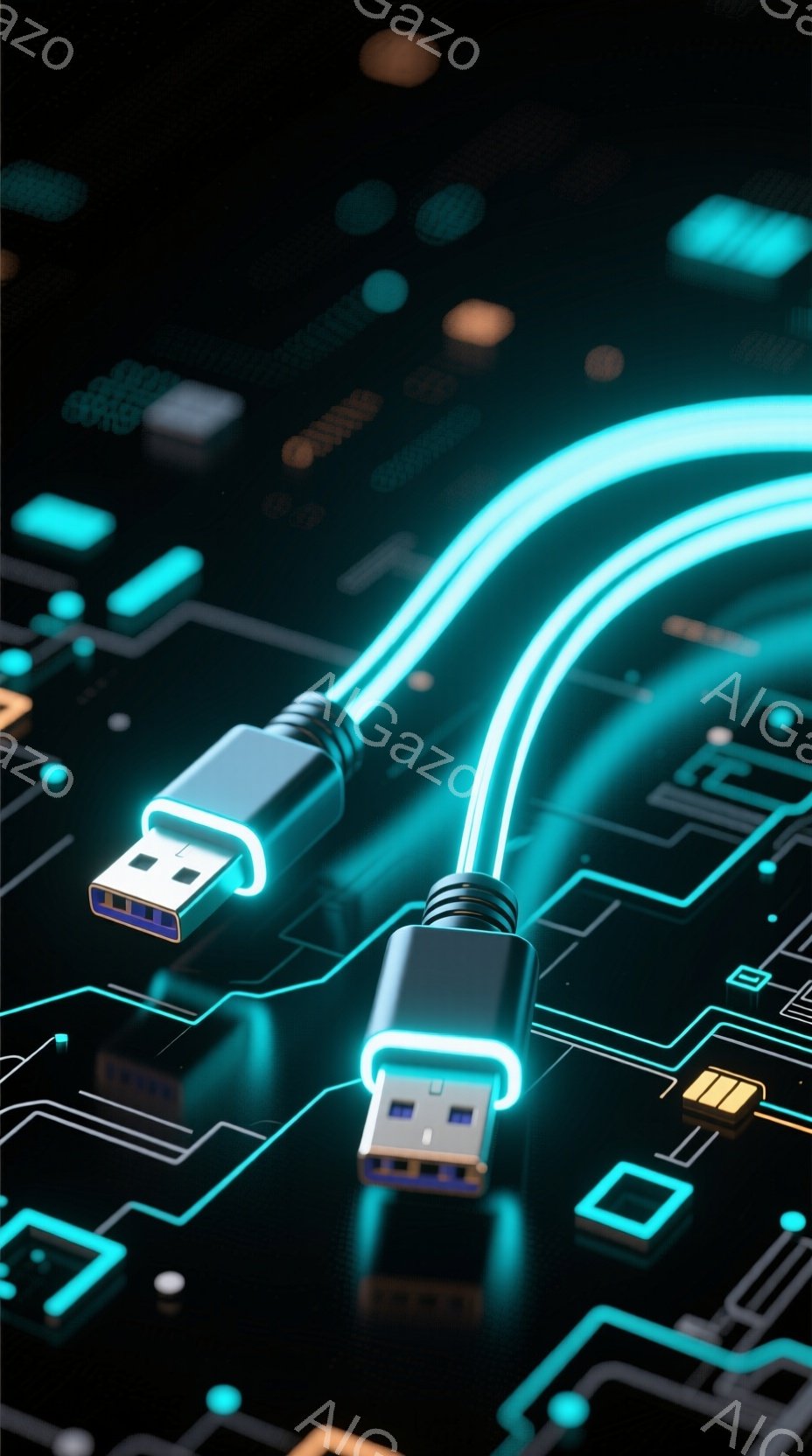 鮮やかな青色の回路基板上に、USBケーブルが2本、ねじれながら配置されています。ケーブルは暗い灰色で、青色の光がケーブルの縁を強調し、基板上の様々な電子部品と接続されています。全体的に未来的な雰囲気で、技術的な精密さを強調したイメージです。