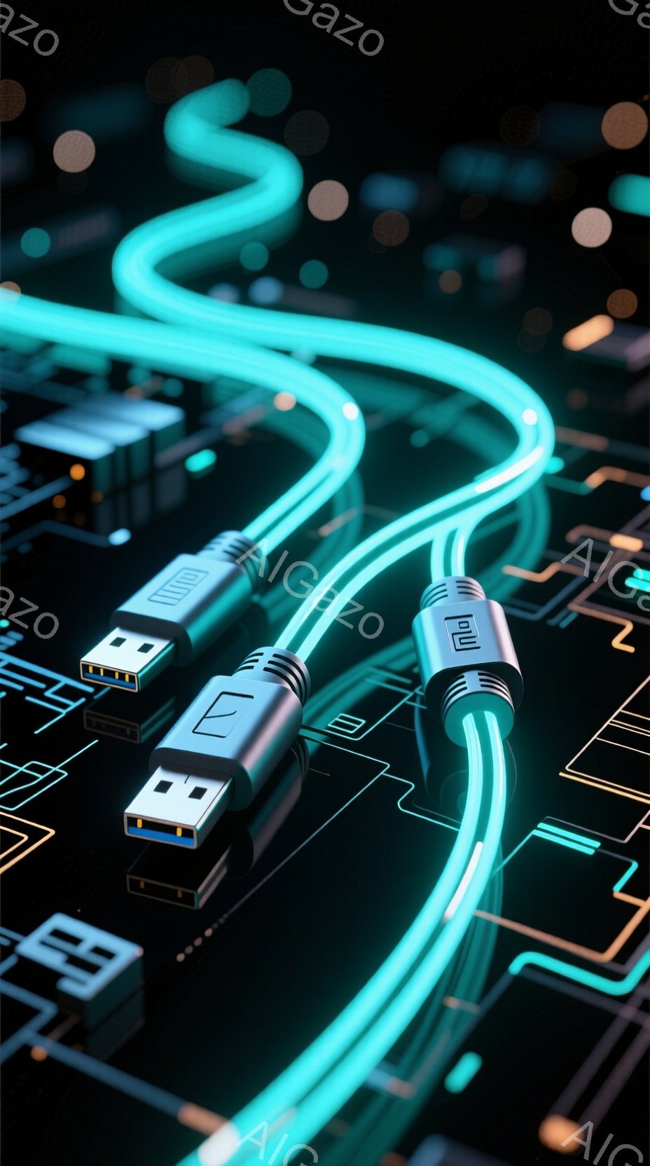 この画像は、複雑な電子基板上に配置されたUSBケーブルをクローズアップしたものです。ケーブルは明るいターコイズブルーで光っており、基板上の配線と交差して未来的な印象を与えます。背景は暗く、基板の配線が発光して、技術的でモダンな雰囲気を醸し出しています。