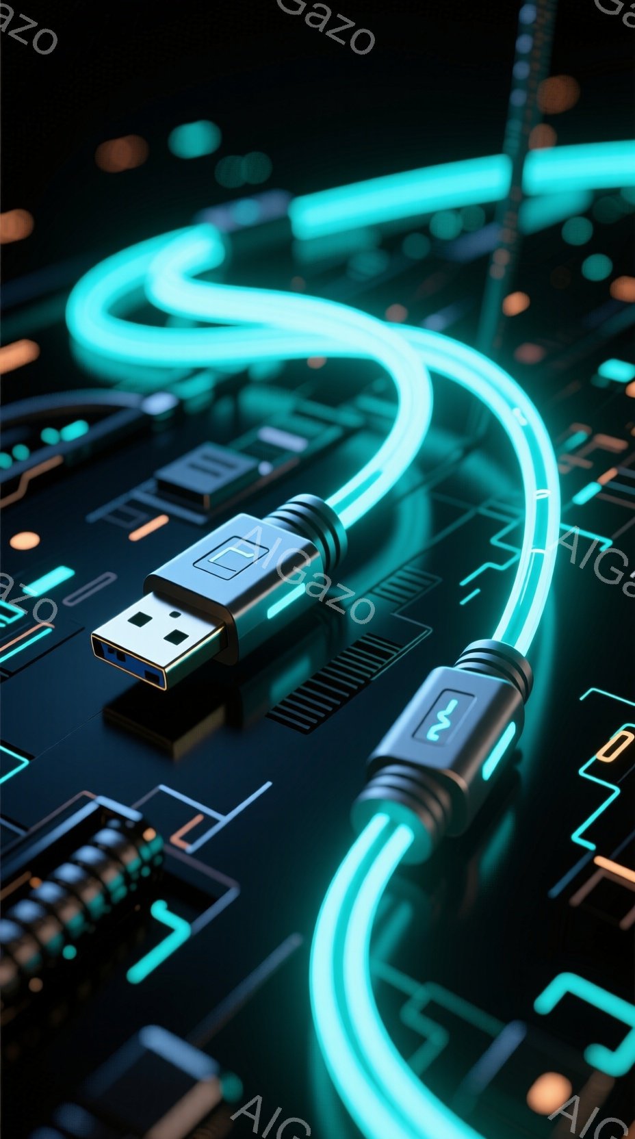 鮮やかなターコイズブルーのケーブルが、複雑な回路基板を縫うように走っています。ケーブルはUSB-Aタイプで、基板上の様々な電子部品や配線と接続されています。基板は、オレンジと黒を基調とした未来的なデザインで、全体としてテクノロジーと接続性を強調した印象を与えます。