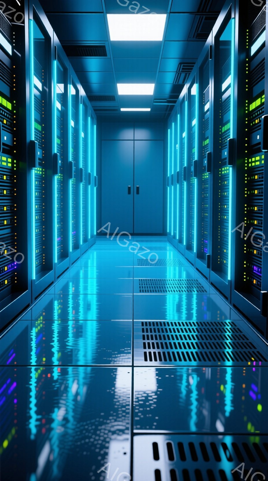 サーバーラックが整然と並ぶデータセンターの内部が描かれている。青と緑の光が点滅し、床のタイルに反射して未来的な雰囲気を醸し出している。この空間は非常に整然としており、高度な技術と精密さを感じさせる。