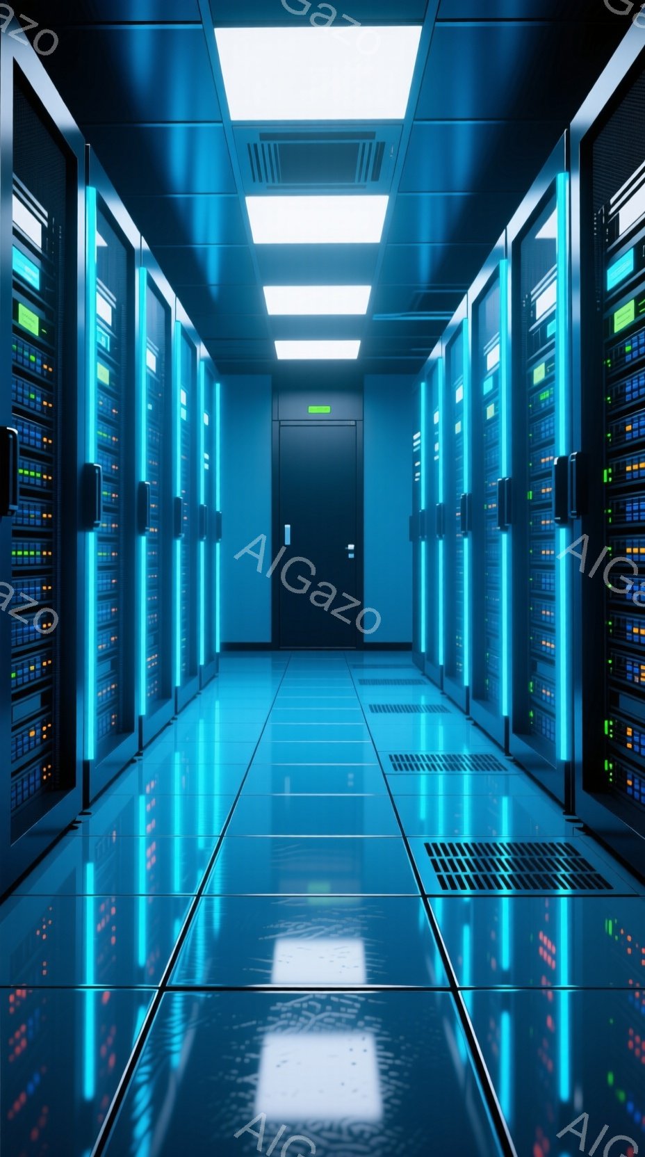 鮮やかな青色と緑色の光が通路全体を照らすサーバー室が描かれています。整然と並んだサーバーラックが両側に立ち並び、床面は鏡面仕上げで光を反射し、無限に続くような視覚効果を生み出しています。奥には閉ざされた緑色のドアが見え、閉鎖的でテクノロジー感あふれる雰囲気を醸し出しています。
