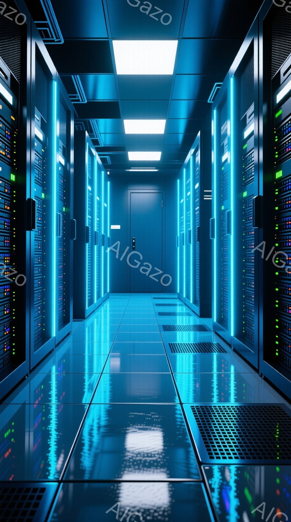 眩い青色と緑色の光が廊下全体を照らし出すサーバー室で、整然と並んだサーバーラックが左右に伸びています。床は鏡面仕上げで、光を反射し、無数の光のラインが視覚的な奥行きを強調しています。全体的に、未来的な技術と静寂を感じさせる、クリーンで洗練された空間です。